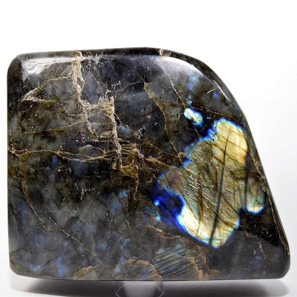 HC Set: Large 6.15lb 6.4" Labradorite Stone Specimen Natural Azure Yellow Flash Crystal Freeform Spectrolite Mineral Polished Cluster - Madagascar + One Polished Clear Quartz Cabochon