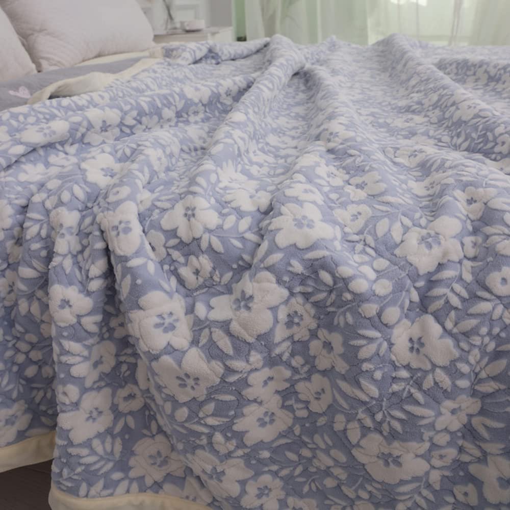 ZCBYBT Floral Thickened Coral Fleece Blanket, Pure Cotton Air-Conditioned Quilt, Non-Slip Tatami Mat, Bedroom/Dormitory/Sofa,Blue,2 * 2M