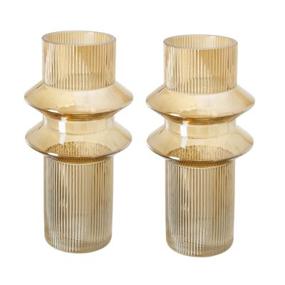 A&B Home Amber Fluted Glass Vase Set - Set of 2 Cylindrical Decorative Flower Vase, Tabletop Home Decor, Bedroom Living Room Accent Piece Entryway Console Table Sideboard Glass Vase, 6" x 6" x 12"