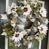 BEAUTIFUL XL Thanksgiving White Sunflower Floral Fall Brown Plaid Cream Blue Deco Mesh Front Door Wreath, Door Hanger, Country Home, Farmhouse Decoration, Porch Sign view 3