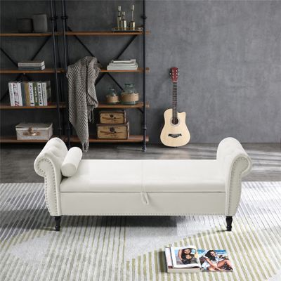 63" Velvet Upholstered Storage Bench, Multifunctional Rectangular Hallway Sofa Stool Buttons Tufted Nailhead Trimmed Ottoman with Solid Wood Legs and 1 Pillow for Bedroom, Living Room (Beige)