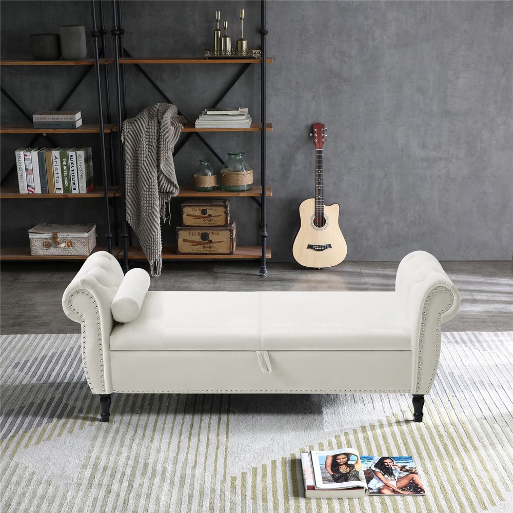 63" Velvet Upholstered Storage Bench, Multifunctional Rectangular Hallway Sofa Stool Buttons Tufted Nailhead Trimmed Ottoman with Solid Wood Legs and 1 Pillow for Bedroom, Living Room (Beige)