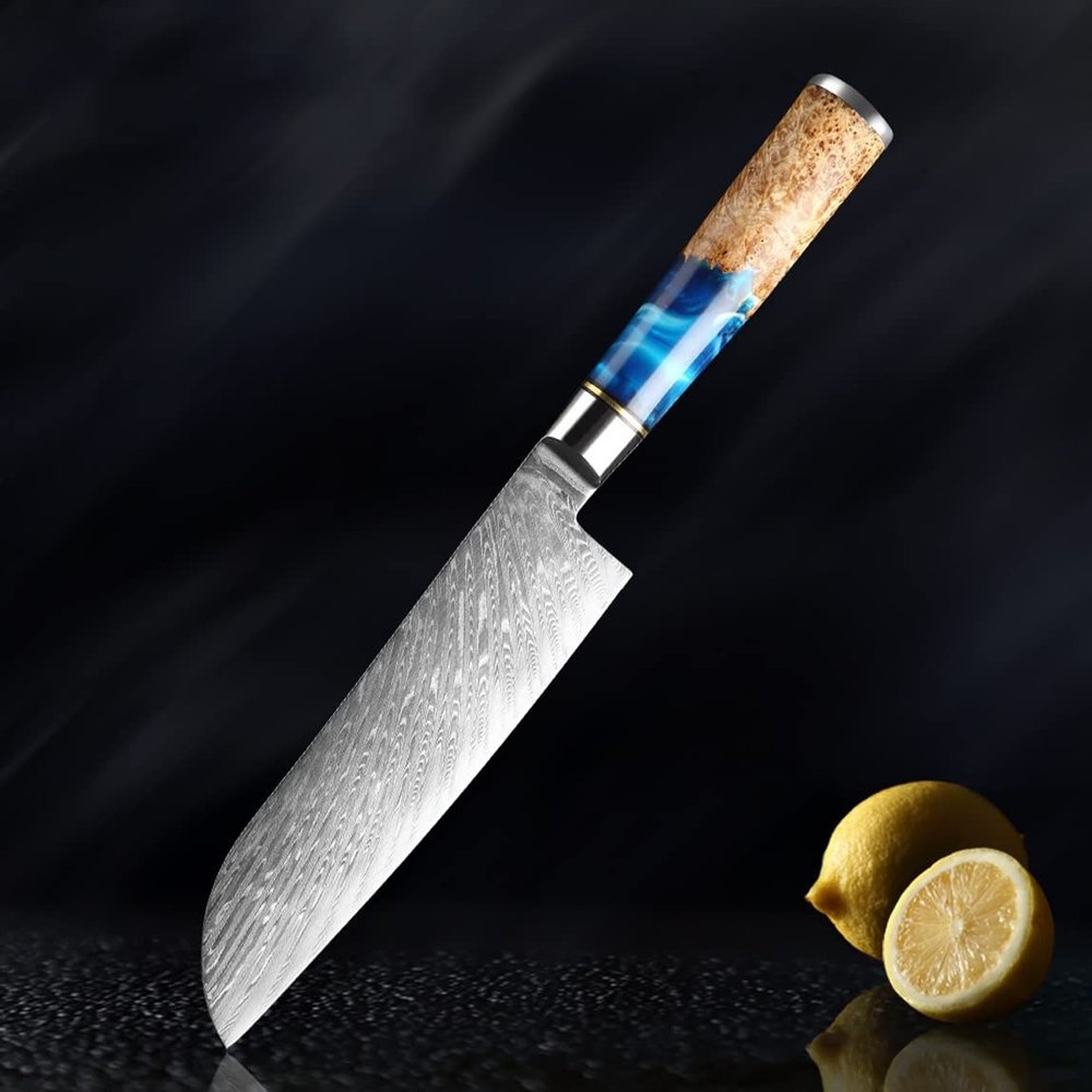 Chef Knife,Kitchen Knife, 7 inch Damascus Steel VG10 Santoku Knife Chef Knife Raw Fish Kitchen Knife Blue Resin Color Wood Handle Cooking Tool