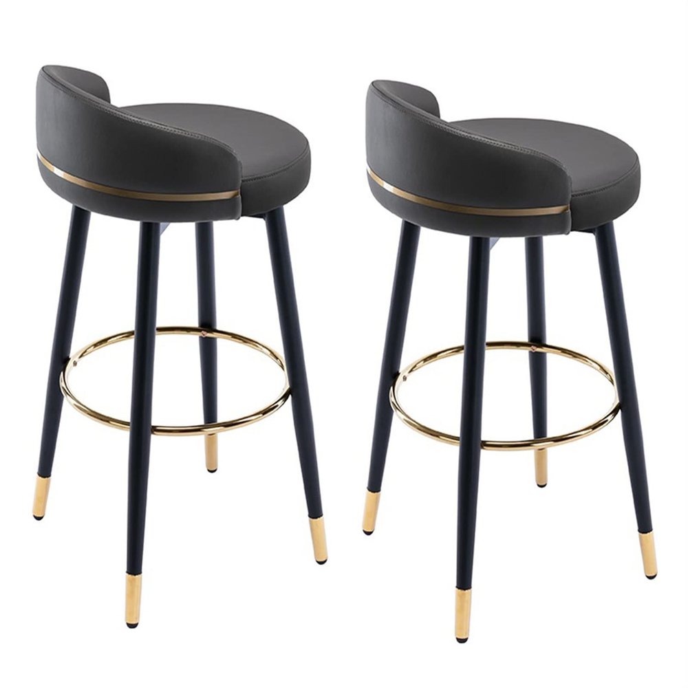 DCALU Nappa Leather Dark Grey Swivel Bar Chairs Barstools Set of 2 Counter Height Island Bar Stools, Black Chrome Gold Legs Kitchen Island,Without Armrests 360Round Pedals Seat