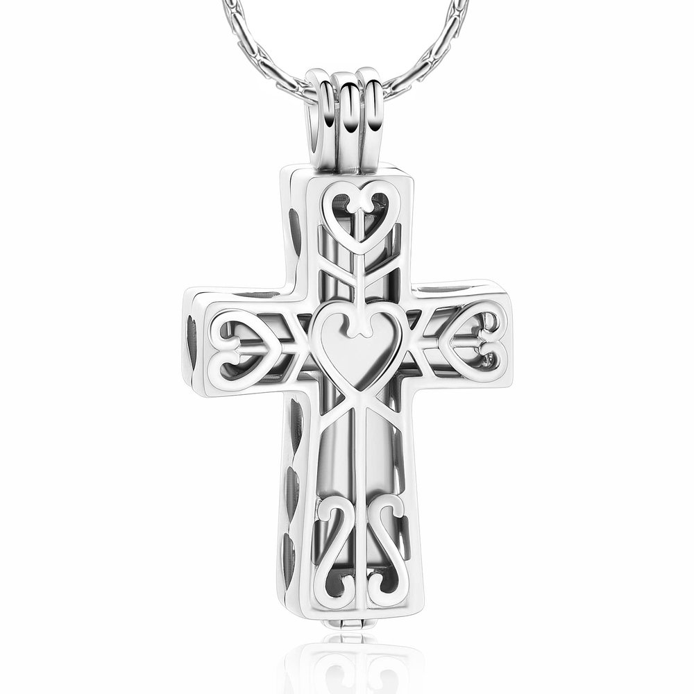 SHEIL Cross Shape Human/Animal Ashes Urn Necklace Stainless Steel Cremation Jewelry with Cross Inner Urn Engravable,1