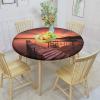 Scenery Decor Round Fitted Tablecloth with Elastic Edge,Old Rustic Pier on Beach Print Polyester Table Cover, Large, Fit Round Tables 45"-56" Diameter, for Wedding Reception Restaurant Banquet Party view 2