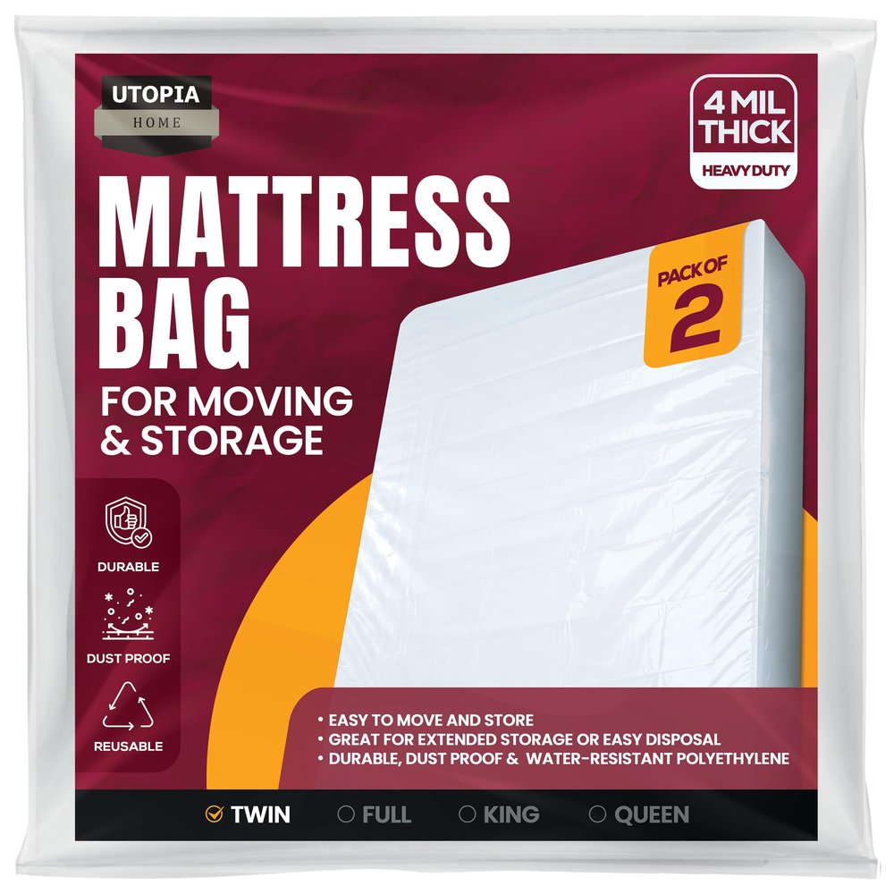 Utopia Home Twin Size Mattress Cover for Moving (2 Pack), 4 Mil Heavy Duty Plastic Mattress Bag for Disposal, Mattress Encasement Fits Mattresses up to 14 Inches, Mattress Bags for Moving