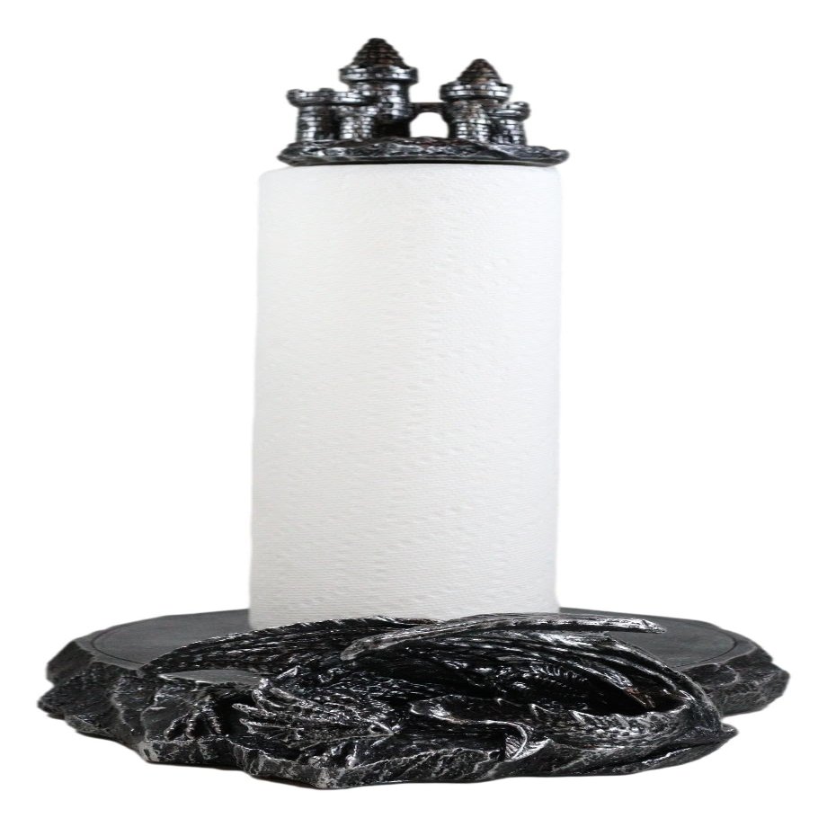 Ebros Gift 'Draco's Swipes' Medieval Fantasy Gothic Sleeping Saurian Dragon in Castle Fortress Paper Towel Holder Display Dispenser Stand Kitchen Dining Bathroom Home Decor Party Hosting Accent