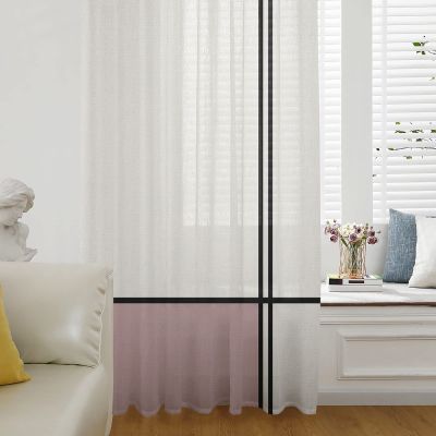 Abstract Blush Pink Semi Sheer Curtains Drapes for Living Room,French Doors Window 45 Inches Long,Modern Geometric Patchwork Stripes Art Rod Pocket Chiffon Curtain Drapery Voile Draperies Panel