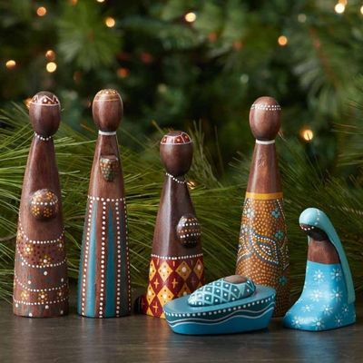 Colorful Batik Tabletop Nativity Set, Christmas Decorations, Wood Nativity, Indoor Decor, Religious, Christian, Catholic, Collectible Figurines, Manger Scene, Traditional, Handcrafted, Unique