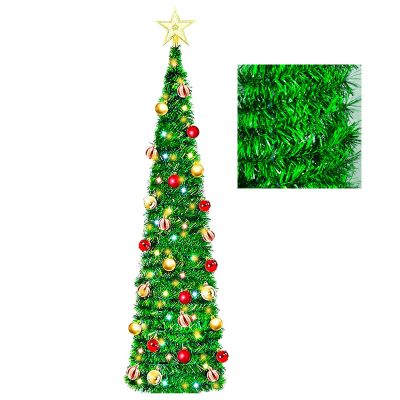 Artificial Christmas Tree with 100 Color Lights, 5 Ft Pop Up Collapsible Tinsel Christmas Tree with Christmas Balls Christmas Decorations for Home Fireplace Party Indoor Outdoor (Green 2)