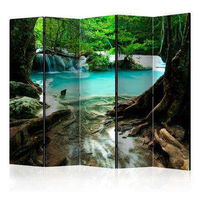 artgeist Acoustic Room Divider Waterfall 90x68 in - Double-Sided Folding Screen Print on Non-Woven Canvas Acoustic Foam 5 Panel Home Office Forest c-B-0375-z-c
