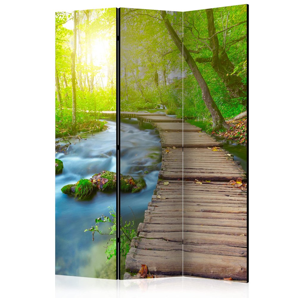 artgeist Acoustic Room Divider Forest 53x68 in - Double-Sided Folding Screen Print on Non-Woven Canvas Acoustic Foam 3 Panel Home Office Design Landscape Nature Stream Bridge c-A-0068-z-b