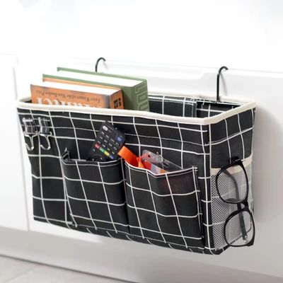 hosis School Dormitory Upper bunk Bedside Storage Hanging Bag Fabric Sundries Basket Household Essential (Black Plaid, 31*20*11)
