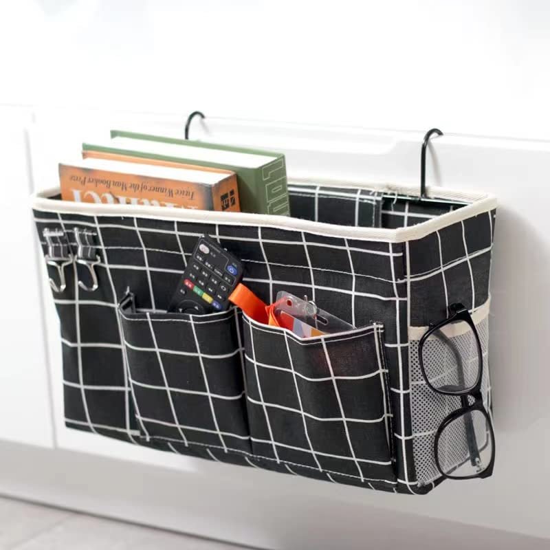 hosis School Dormitory Upper bunk Bedside Storage Hanging Bag Fabric Sundries Basket Household Essential (Black Plaid, 31*20*11)