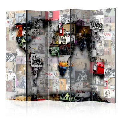 artgeist Acoustic Room Divider World Map Banksy 90x68 in - Double-Sided Folding Screen Print on Non-Woven Canvas Acoustic Foam 5 Panel Home Office Beige Brown Red k-C-0055-z-c