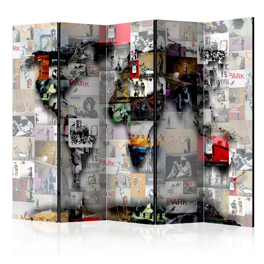 artgeist Acoustic Room Divider World Map Banksy 90x68 in - Double-Sided Folding Screen Print on Non-Woven Canvas Acoustic Foam 5 Panel Home Office Beige Brown Red k-C-0055-z-c