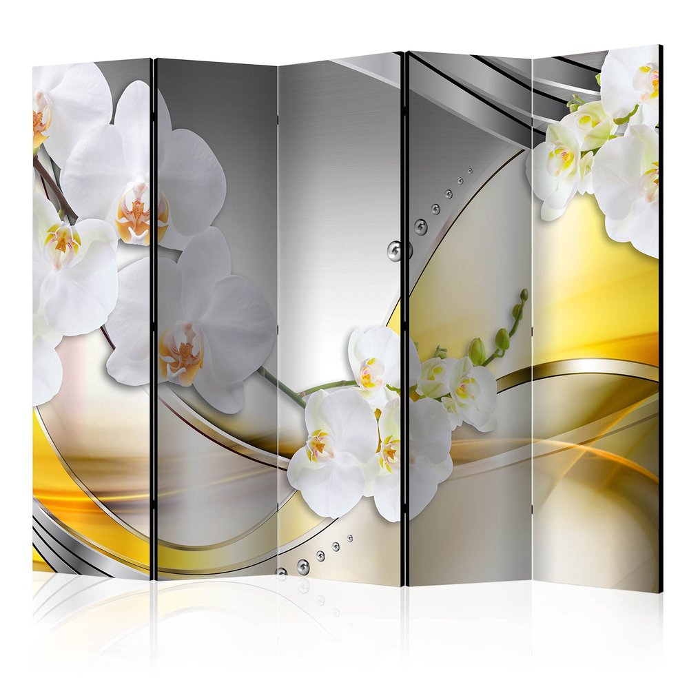 artgeist Acoustic Room Divider Flowers Orchids 90x68 in - Double-Sided Folding Screen Print on Non-Woven Canvas Acoustic Foam 5 Panel Home Office White Yellow Grey a-C-0070-z-c