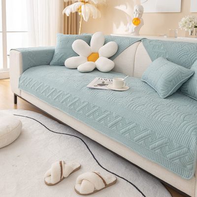 XSlive Farmhouse Cotton Quilted Sofa Cover Weave Pattern Embroidery Sectional Couch Cover Soft Nonslip Sofa Slipcover Furniture Protector Cover for Pets Kids Children Dog Cat (Light Blue,36"x70")