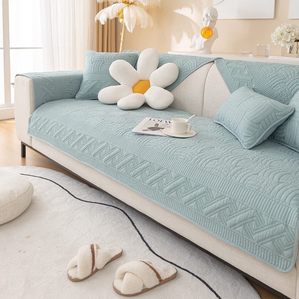 XSlive Farmhouse Cotton Quilted Sofa Cover Weave Pattern Embroidery Sectional Couch Cover Soft Nonslip Sofa Slipcover Furniture Protector Cover for Pets Kids Children Dog Cat (Light Blue,36"x70")