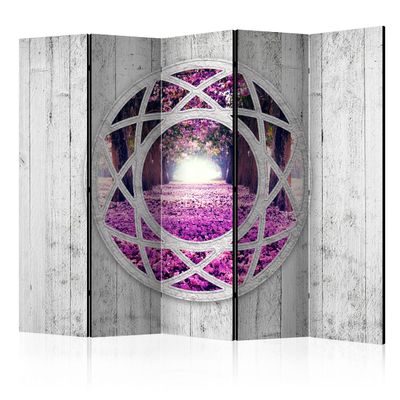 artgeist Acoustic Room Divider Landscape 90x68 in - Double-Sided Folding Screen Print on Non-Woven Canvas Acoustic Foam 5 Panel Home Office Fuchsie Feld Faux Wood Violet c-A-0053-z-c