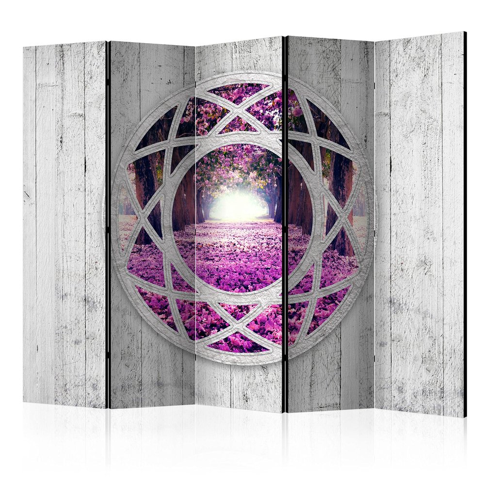 artgeist Acoustic Room Divider Landscape 90x68 in - Double-Sided Folding Screen Print on Non-Woven Canvas Acoustic Foam 5 Panel Home Office Fuchsie Feld Faux Wood Violet c-A-0053-z-c