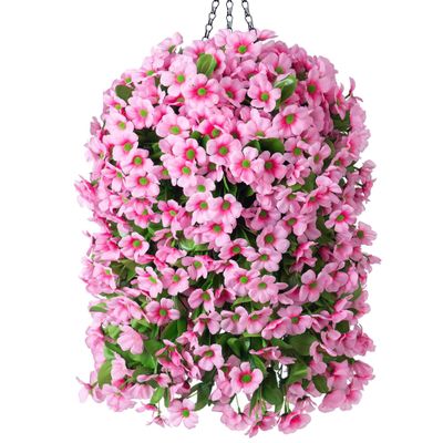 Ammyoo Artificial Hanging Flowers in 12 inch Basket, Fake Plant Silk Orchid Flower Arrangement with Coconut Lining Pot Planter for Patio Garden Porch Deck Spring Summer Decorationr(Pink)