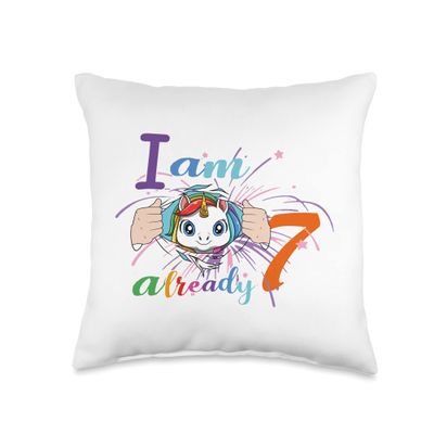 7th Birthday Cute Unicorn Party Bday Celebration Throw Pillow