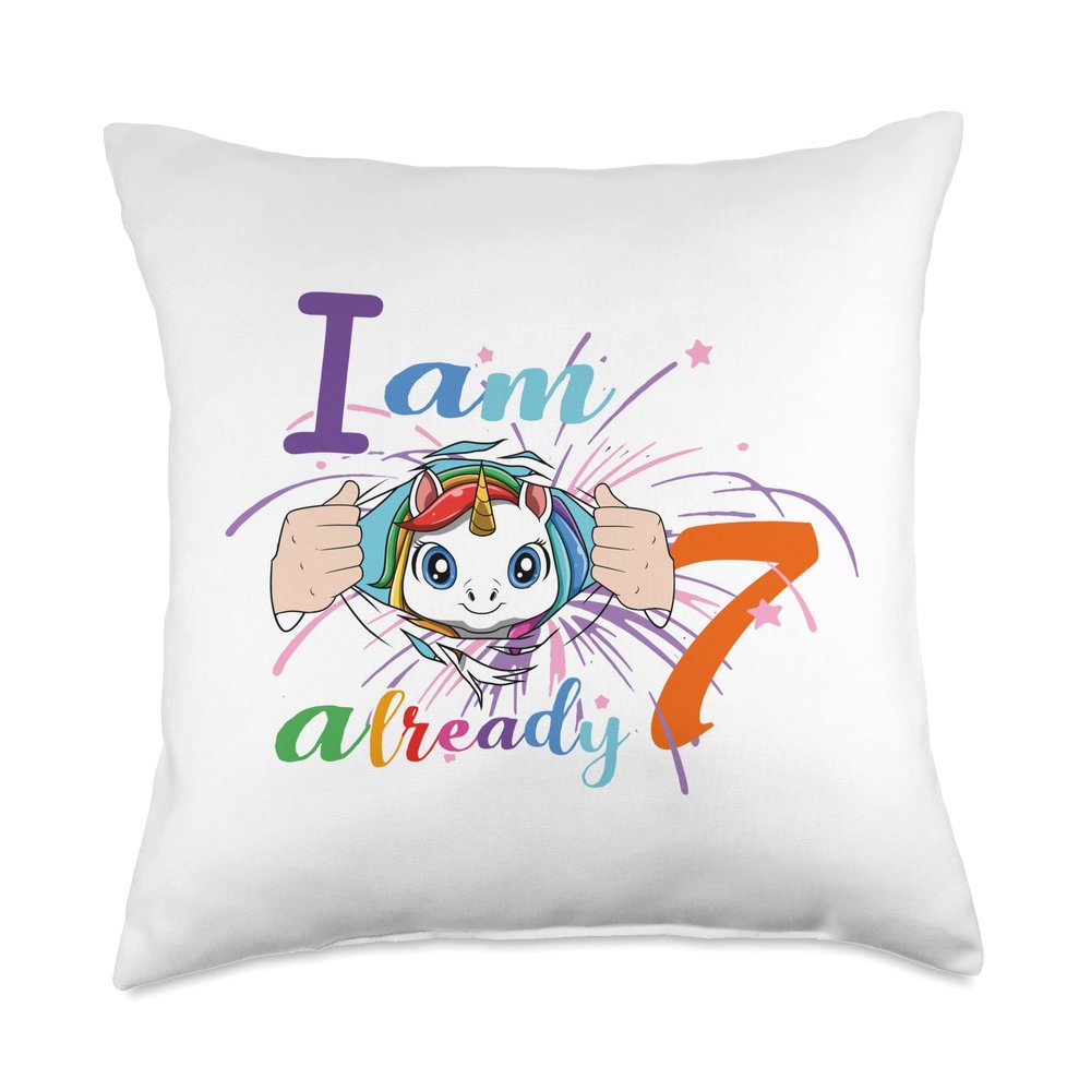 7th Birthday Cute Unicorn Party Bday Celebration Throw Pillow