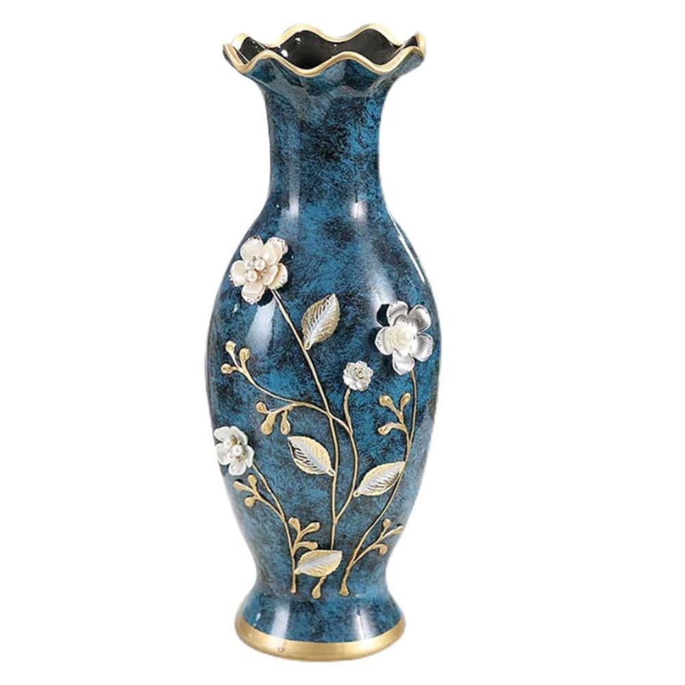 Elegant Large Flower Vases Table Centerpiece for Kitchen Dining Living Room Home Decor, European RetroTall Big Resin Flowers Chinese Vases for Bedroom Decorations, Holiday Christmas Blue 16.9 5.1in