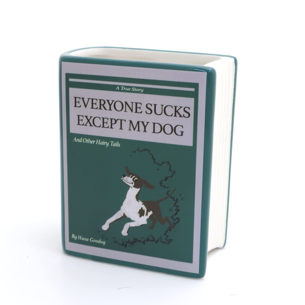 Lenny Mud Dog book, Everyone Sucks Except My Dog, book shaped pencil holder, decoupaged, planter, or vase, mature language