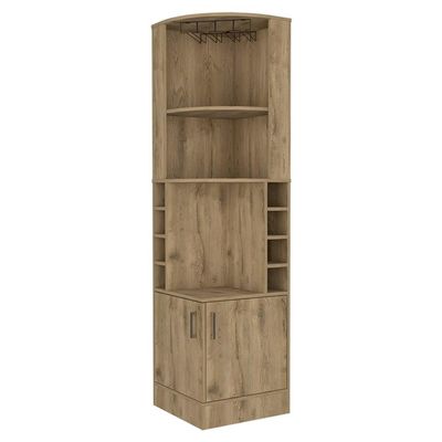 FM FURNITURE The Seattle Corner Bar Cabinet with 3 Open Shelves, Glass Rack, 8 Bottle Cubbies, and Double Doors, Macadamia