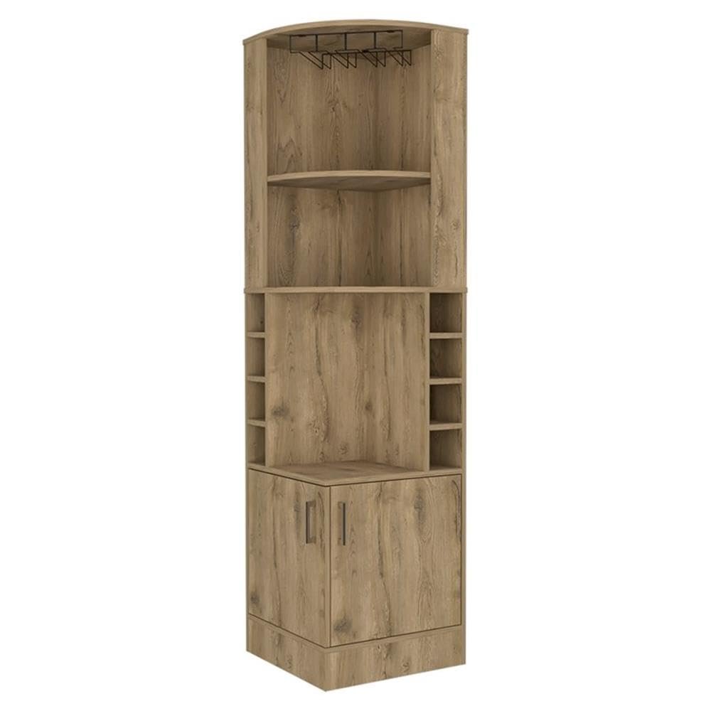 FM FURNITURE The Seattle Corner Bar Cabinet with 3 Open Shelves, Glass Rack, 8 Bottle Cubbies, and Double Doors, Macadamia