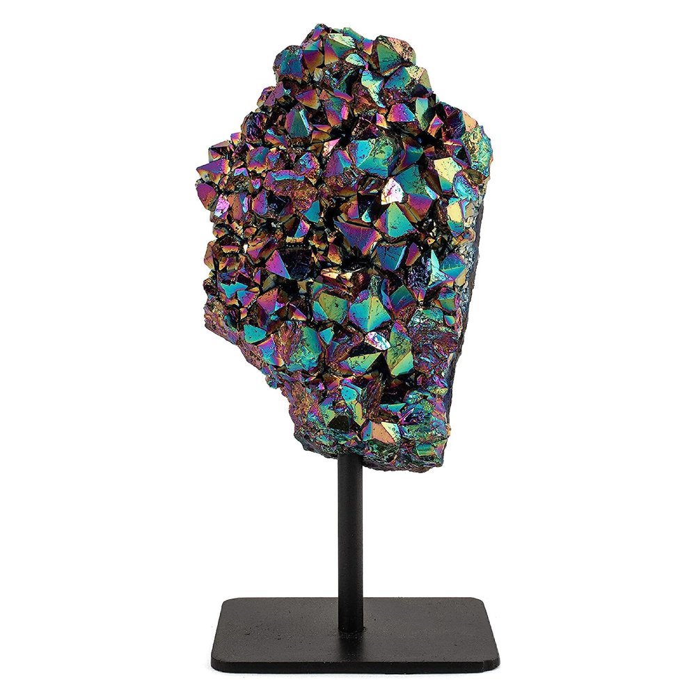 KALIFANO Large Angel Aura Quartz Geode on Stand - Titanium Bonded High Energy Crystal Amethyst - Natural Reiki Rainbow Cuarzo Rock with Healing and Calming Effects (Family Owned and Operated)
