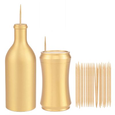 UPTALY 2 pcs 100% Brass Toothpick Holders (Bottle Shape + Concave Shape B), Thicken Tooth Picks Container (Gold Color), Toothpicks Storage Box, Copper Toothpick Dispensers, Decorative Toothpick Jar