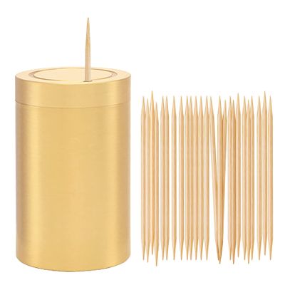 UPTALY 1 pcs 100% Brass Toothpick Holder (Small Cylindrical Shape), Thicken Tooth Picks Container (Gold Color), Toothpicks Storage Box, Small Copper Toothpick Dispensers
