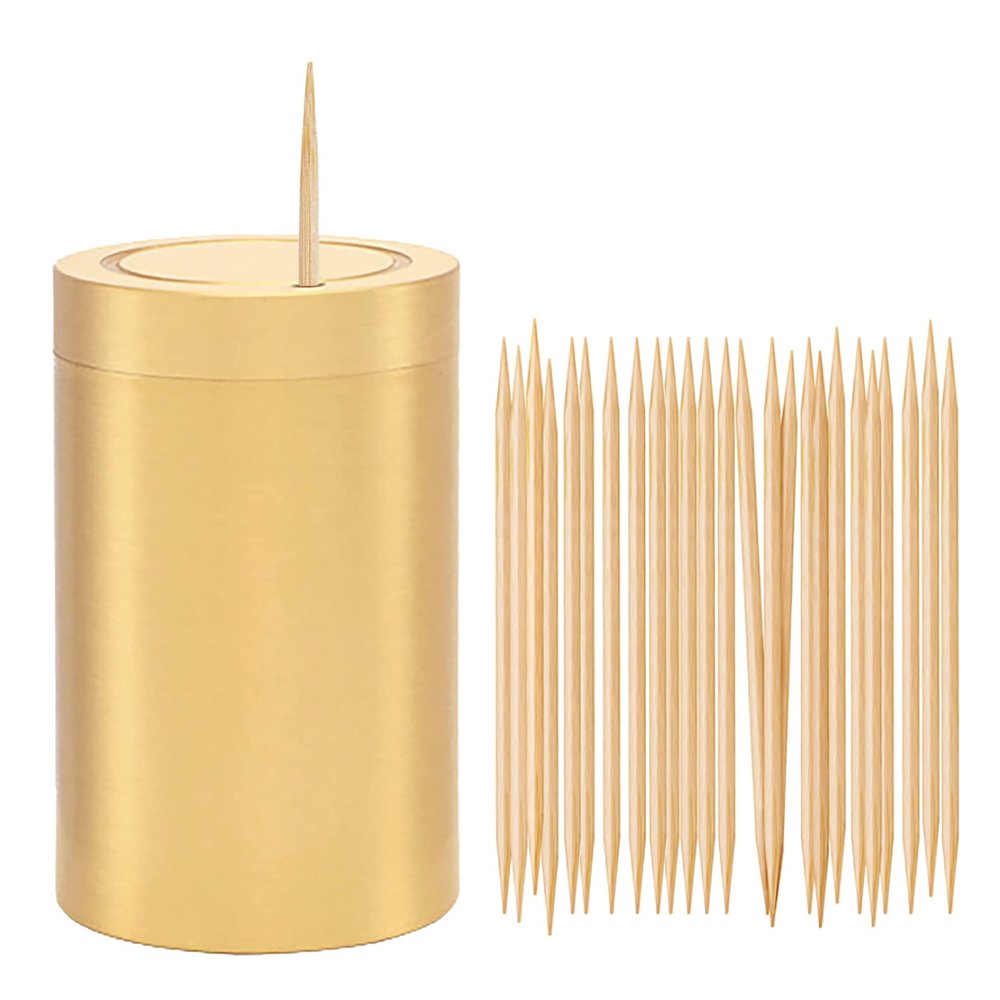 UPTALY 1 pcs 100% Brass Toothpick Holder (Small Cylindrical Shape), Thicken Tooth Picks Container (Gold Color), Toothpicks Storage Box, Small Copper Toothpick Dispensers