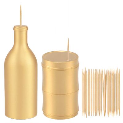 UPTALY 2 pcs 100% Brass Toothpick Holders (Bottle Shape + Bamboo Shape), Thicken Tooth Picks Container (Gold Color), Countertop Toothpick Storage Box, Copper Toothpick Dispensers