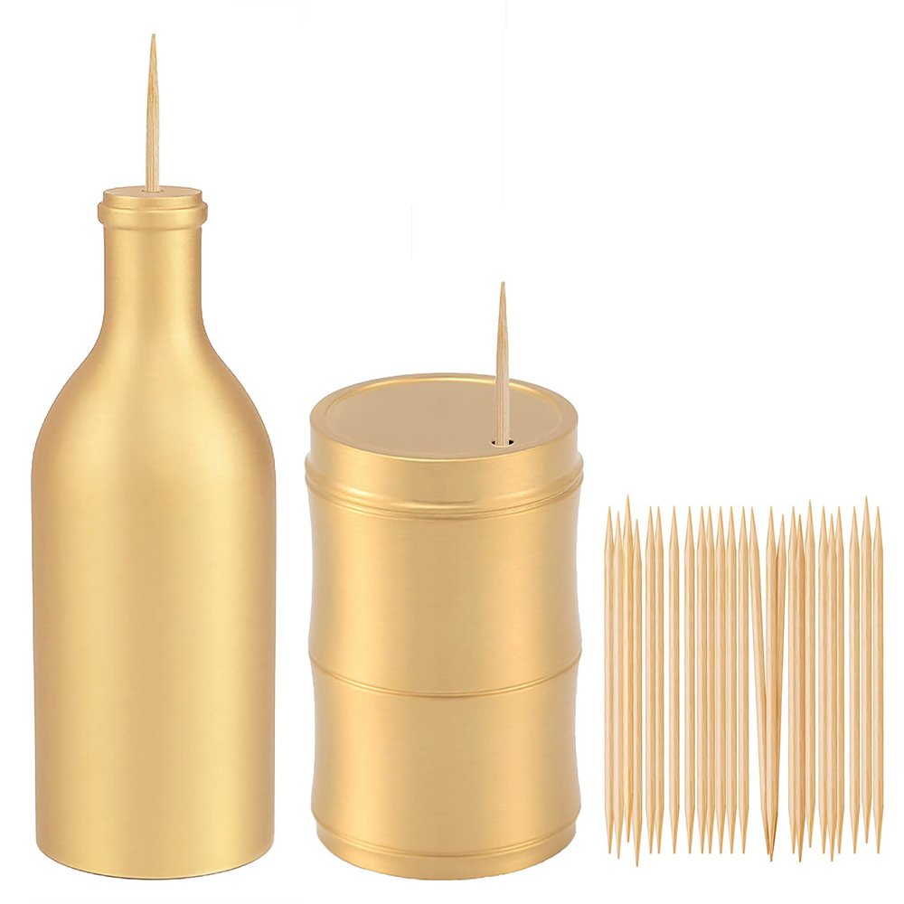 UPTALY 2 pcs 100% Brass Toothpick Holders (Bottle Shape + Bamboo Shape), Thicken Tooth Picks Container (Gold Color), Countertop Toothpick Storage Box, Copper Toothpick Dispensers