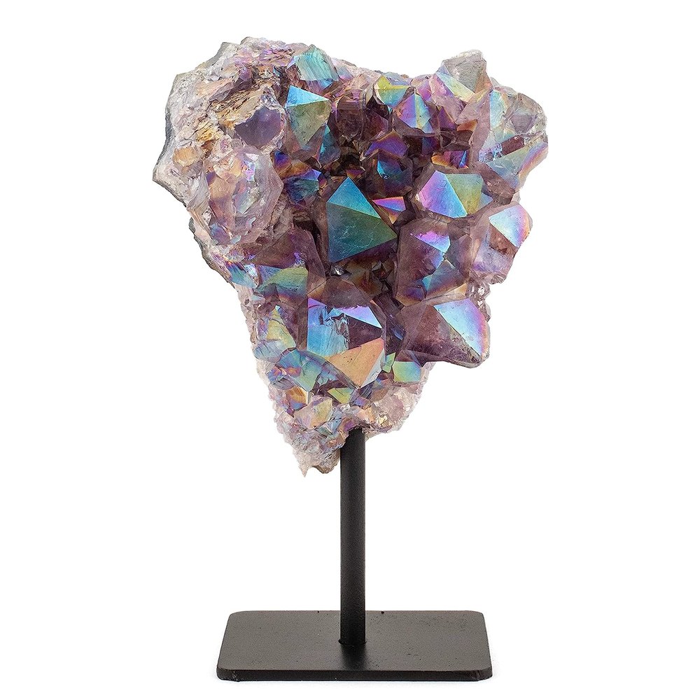 KALIFANO Large Angel Aura Amethyst Geode on Stand - Titanium Bonded High Energy Crystal Amethyst - Natural Reiki Amatista Rock with Healing and Calming Effects (Family Owned and Operated)