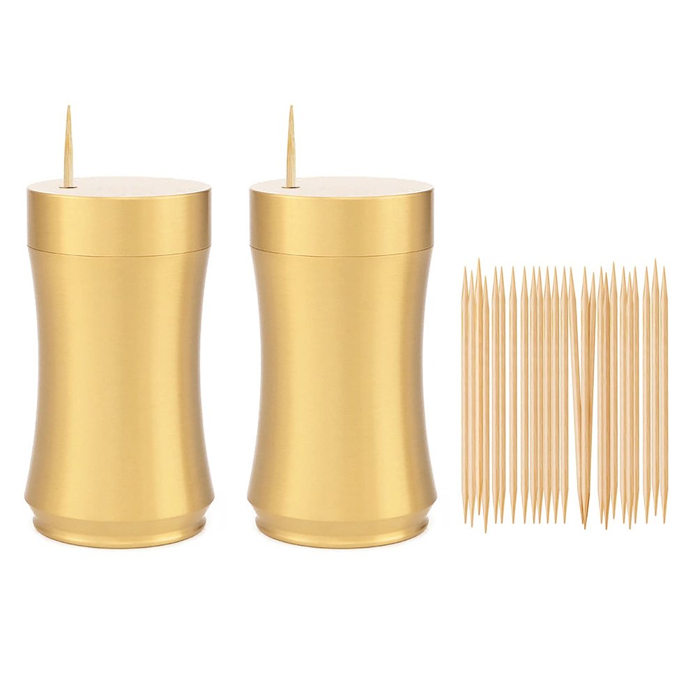 UPTALY 2 pcs 100% Brass Toothpick Holders (Concave Shape A), Thicken Tooth Picks Container (Gold Color), Toothpicks Storage Box, Small Copper Toothpick Dispensers