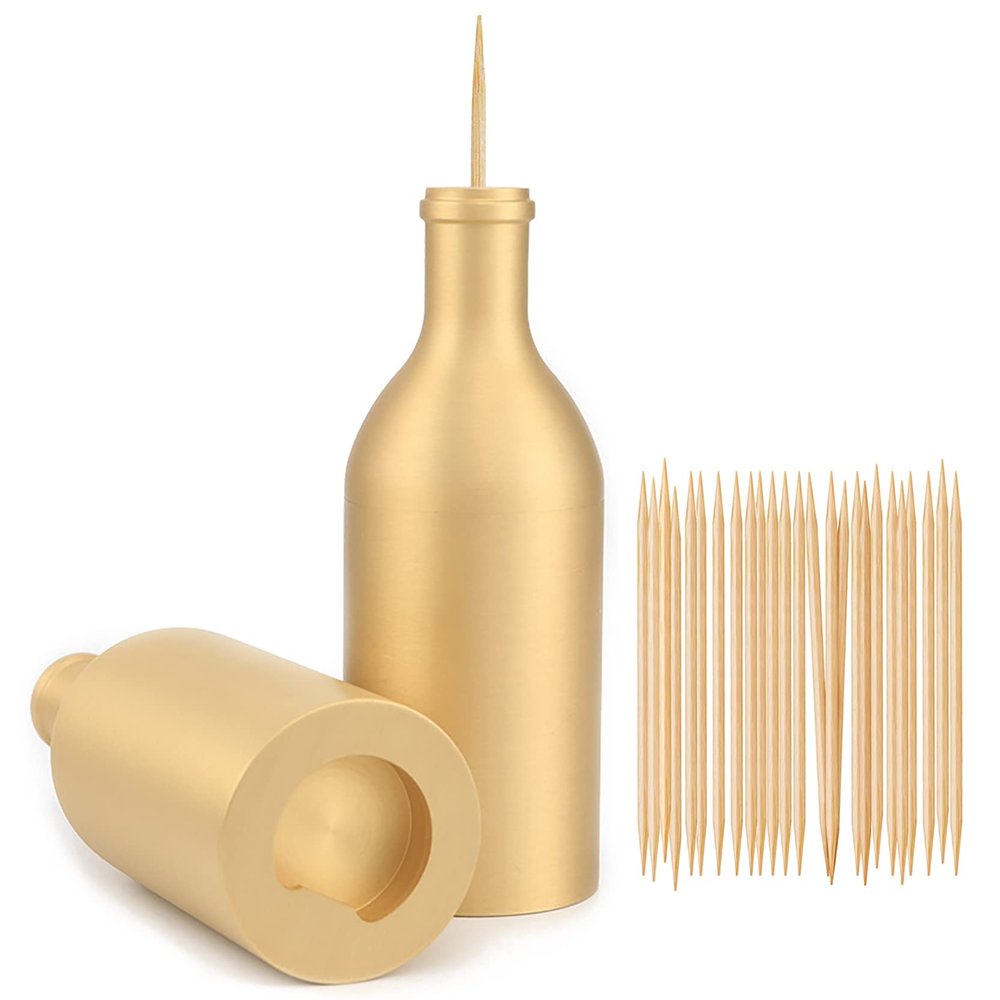 UPTALY 2 pcs 100% Brass Toothpick Holders (Bottle Shape), Thicken Tooth Picks Container (Gold Color), Countertop Toothpick Storage Box, Copper Toothpick Dispensers