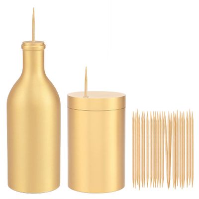 UPTALY 2 pcs 100% Brass Toothpick Holders (Bottle Shape + Cylindrical Shape), Thicken Tooth Picks Container (golden), Toothpicks Storage Box, Copper Toothpick Dispensers, Decorative Toothpick Jar