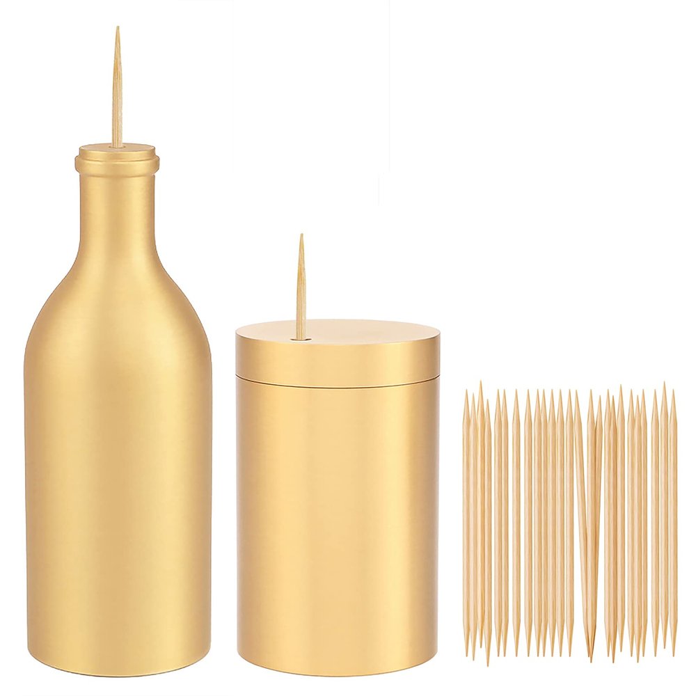 UPTALY 2 pcs 100% Brass Toothpick Holders (Bottle Shape + Cylindrical Shape), Thicken Tooth Picks Container (golden), Toothpicks Storage Box, Copper Toothpick Dispensers, Decorative Toothpick Jar