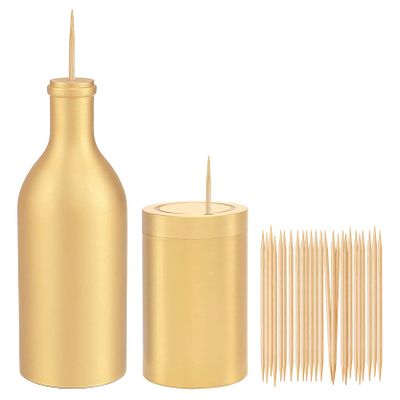 UPTALY 2 pcs 100% Brass Toothpick Holders (Bottle Shape+Small Cylindrical Shape), Thicken Tooth Picks Container (Gold Color), Countertop Toothpick Storage Box, Copper Toothpick Dispensers
