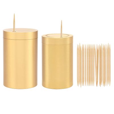 UPTALY 2 pcs 100% Brass Toothpick Holders (Cylindrical Shape, Large+Small), Thicken Tooth Picks Container (Gold Color), Countertop Toothpick Storage Box, Copper Toothpick Dispensers