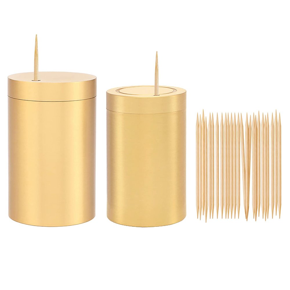 UPTALY 2 pcs 100% Brass Toothpick Holders (Cylindrical Shape, Large+Small), Thicken Tooth Picks Container (Gold Color), Countertop Toothpick Storage Box, Copper Toothpick Dispensers