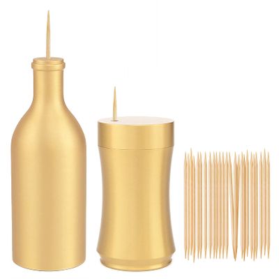 UPTALY 2 pcs 100% Brass Toothpick Holders (Bottle Shape + Concave Shape A), Thicken Tooth Picks Container (Gold Color), Countertop Toothpick Jar, Copper Toothpick Dispensers