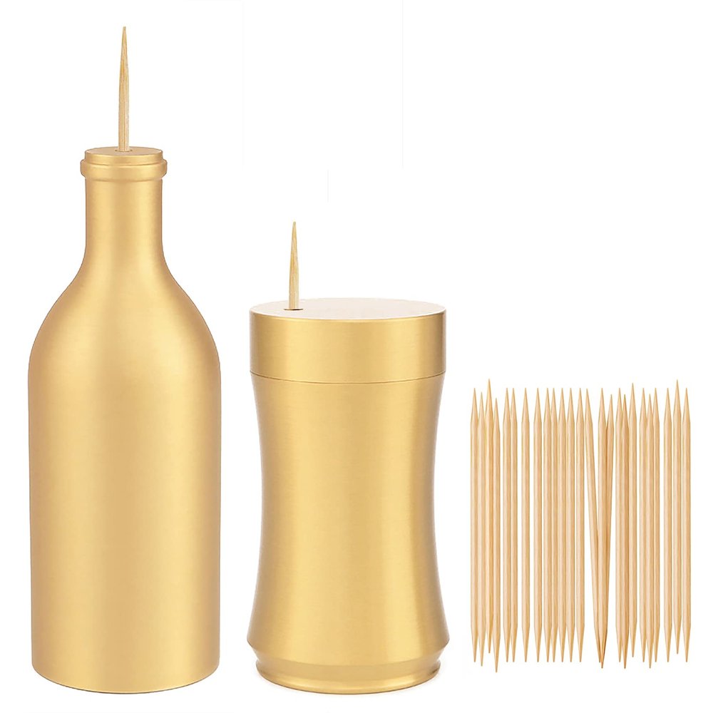 UPTALY 2 pcs 100% Brass Toothpick Holders (Bottle Shape + Concave Shape A), Thicken Tooth Picks Container (Gold Color), Countertop Toothpick Jar, Copper Toothpick Dispensers