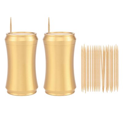 UPTALY 2 pcs 100% Brass Toothpick Holders (Concave Shape B), Thicken Tooth Picks Container (Golden Color), Portable Toothpicks Storage Box, Small Copper Toothpick Dispensers, Decorative Toothpick Jar